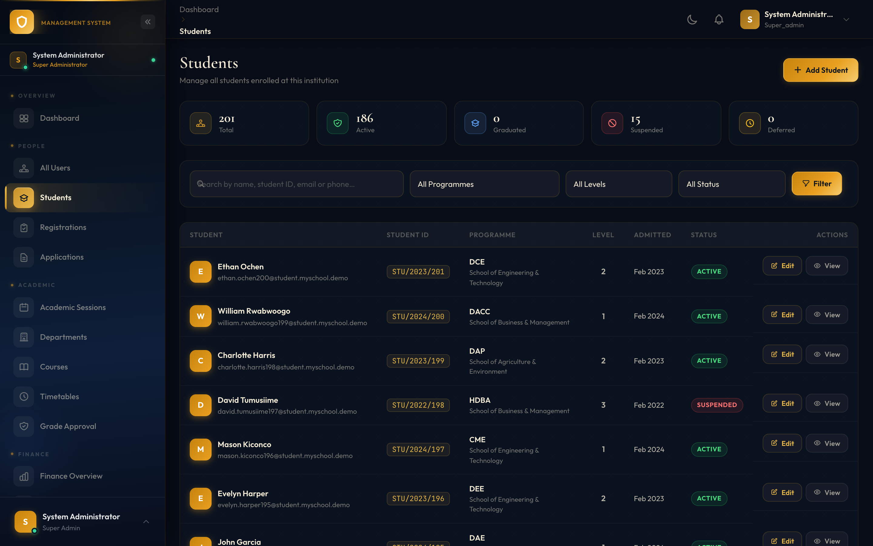 Students management page listing enrolled students with student ID, programme, level, admission date, and status, plus search and filter controls