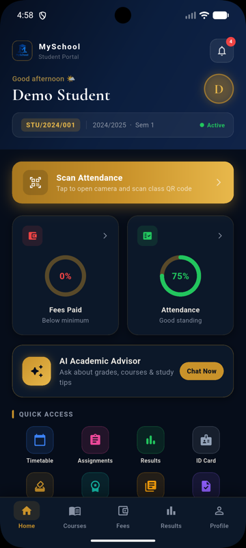 App home dashboard showing fees, attendance, and quick access menu after login