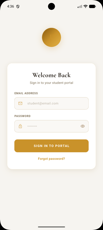 App login screen with email and password fields